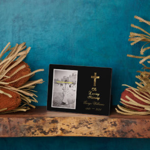 In Loving Memory Typography Golden Cross Photo Plaque