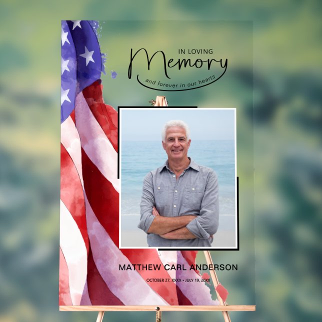 In Loving Memory US Flag Funeral Memorial Acrylic Sign (Neutral)