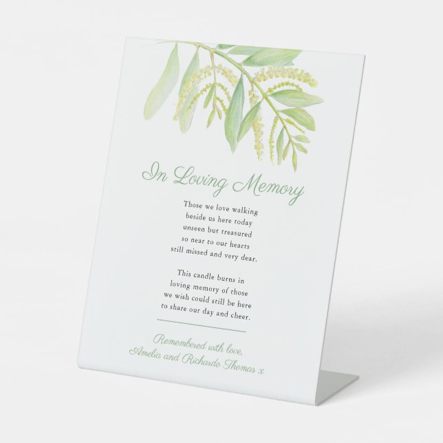 In loving memory watercolor eucalyptus wedding pedestal sign (Front)