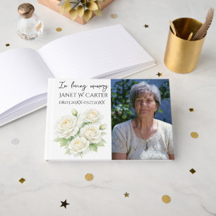 In Loving Memory White Roses Floral Funeral Guest Book