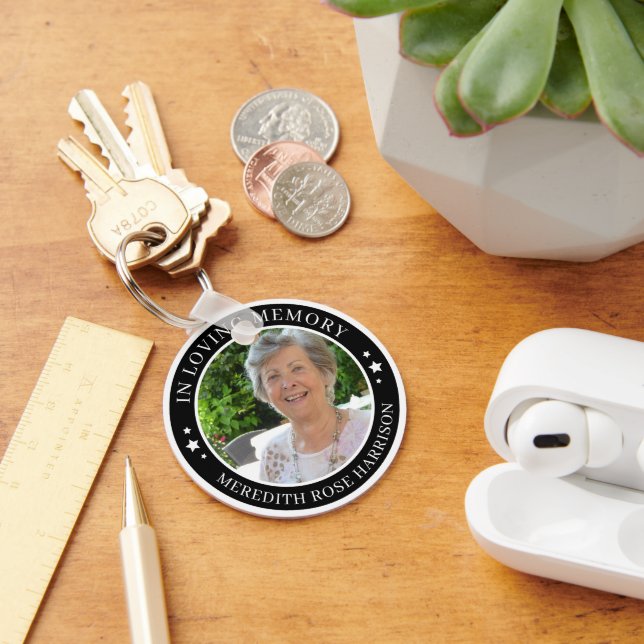 In Loving Memory White Stars Black Photo Memorial Key Ring (Desk)