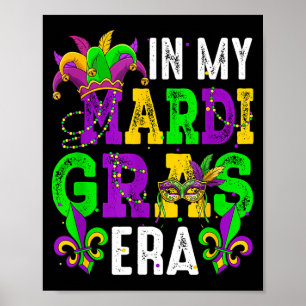 In mardi gras era colorful beads masked jester hat poster