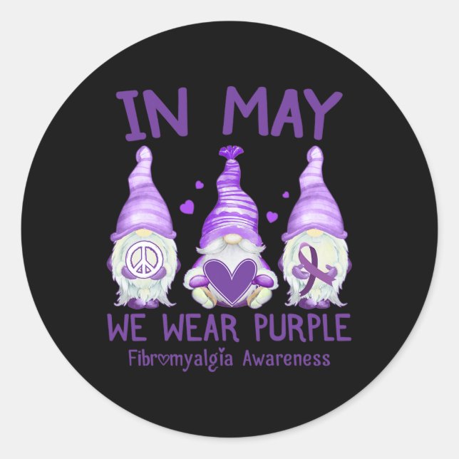 In May We Wear Purple Fibro Awareness Month Gnome  Classic Round Sticker (Front)