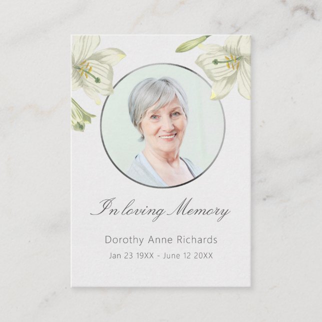 In memoriam Lilies Memorial Funeral Prayer Card (Front)
