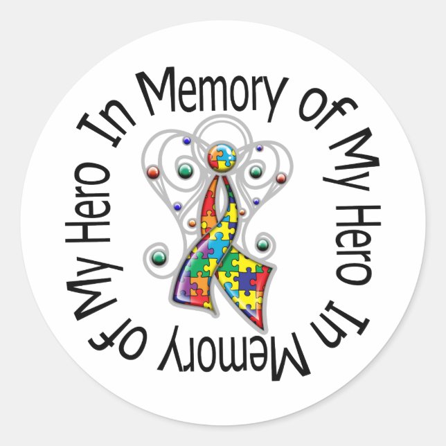 In Memory of My Hero Autism Angel Wings Classic Round Sticker (Front)