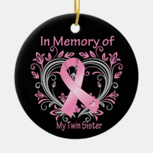 In Memory of My Twin Sister Breast Cancer Heart Ceramic Tree Decoration