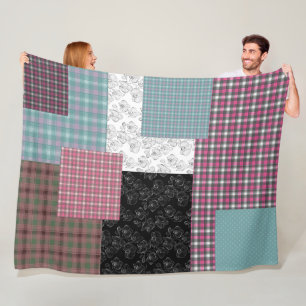 In multicolored patchwork tones fleece blanket