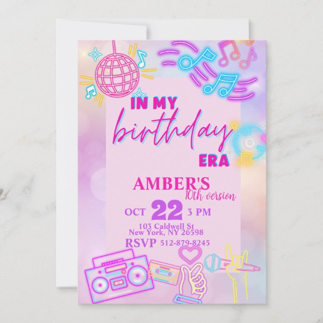In my birthday Era pink purple Neon Birthday Invitation (Front)