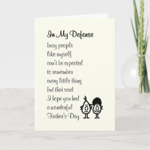In My Defence - a funny Happy Father's Day poem Card