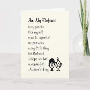 In My Defence - a funny happy Mother's Day poem Card