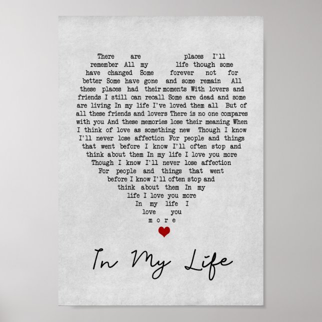 In My Life Grey Heart Song Lyric Wall Art Print (Front)