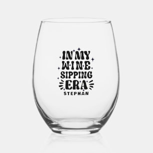 In My Wine Sipping Era Black Retro Typography Stemless Wine Glass