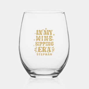 In My Wine Sipping Era Gold Retro Typography Stemless Wine Glass