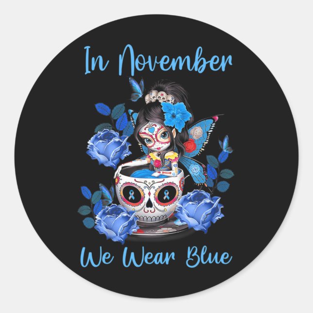 In November We Wear Blue Diabetes Awareness Month  Classic Round Sticker (Front)