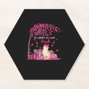 In Oct We Wear Pink Pumpkin Cat Breast Cancer Awar Paper Coaster