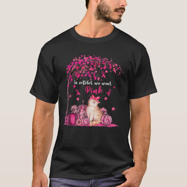 In Oct We Wear Pink Pumpkin Cat Breast Cancer Awar T-Shirt (Front)