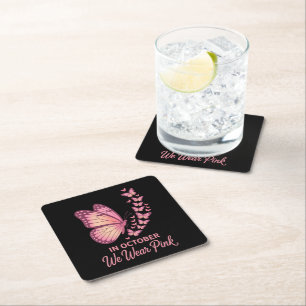 in october pink breast butterfly square paper coaster
