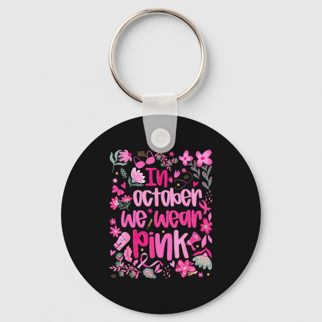 In October We Wear Nk Boho Floral Breast Cancer Aw Key Ring (Front)