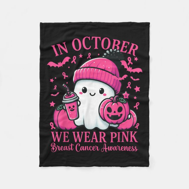 In October We Wear Nk Breast Cancer Boo Ghost Hall Fleece Blanket (Front)
