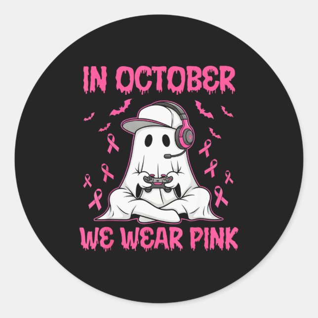 In October We Wear Nk Breast Cancer Gaming Ghost Y Classic Round Sticker (Front)