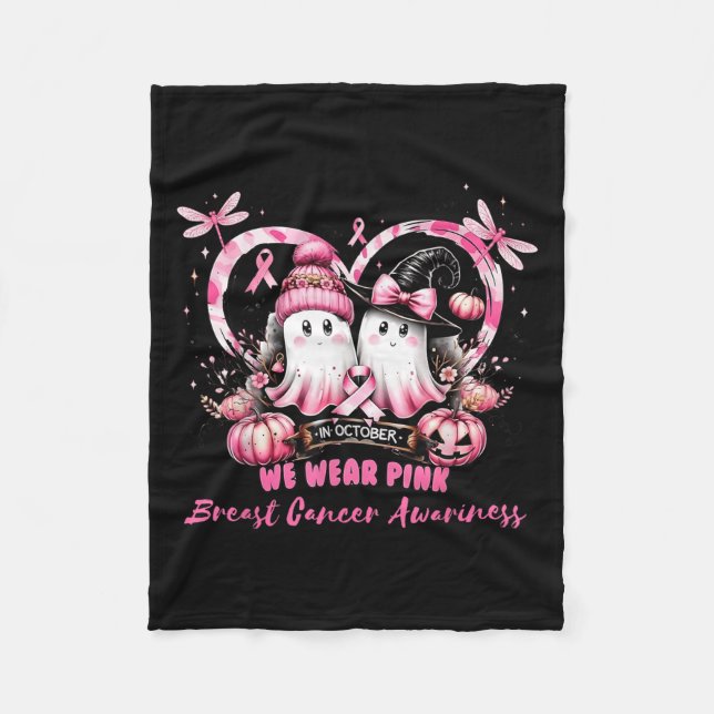 In October We Wear Nk Breast Cancer Heart Dragonfl Fleece Blanket (Front)