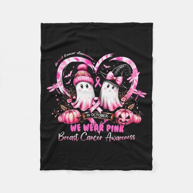In October We Wear Nk Breast Cancer Heart Dragonfl Fleece Blanket (Front)
