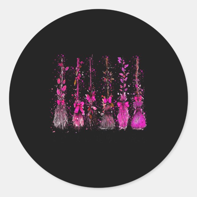 In October We Wear Nk Broom Witch Breast Cancer Ha Classic Round Sticker (Front)