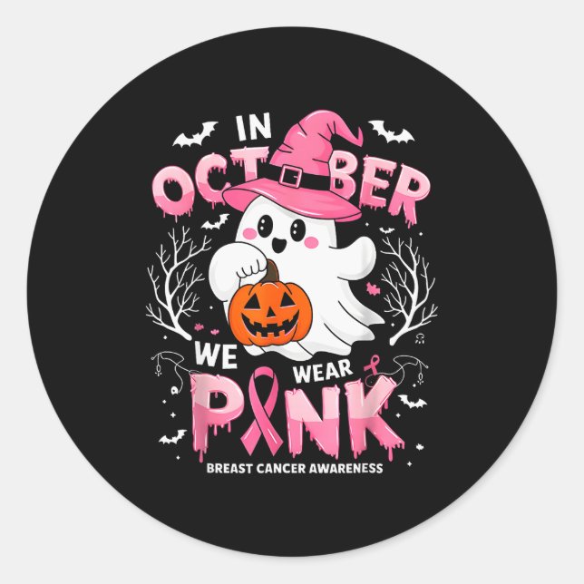 In October We Wear Nk Funny Halloween Ghost Breast Classic Round Sticker (Front)