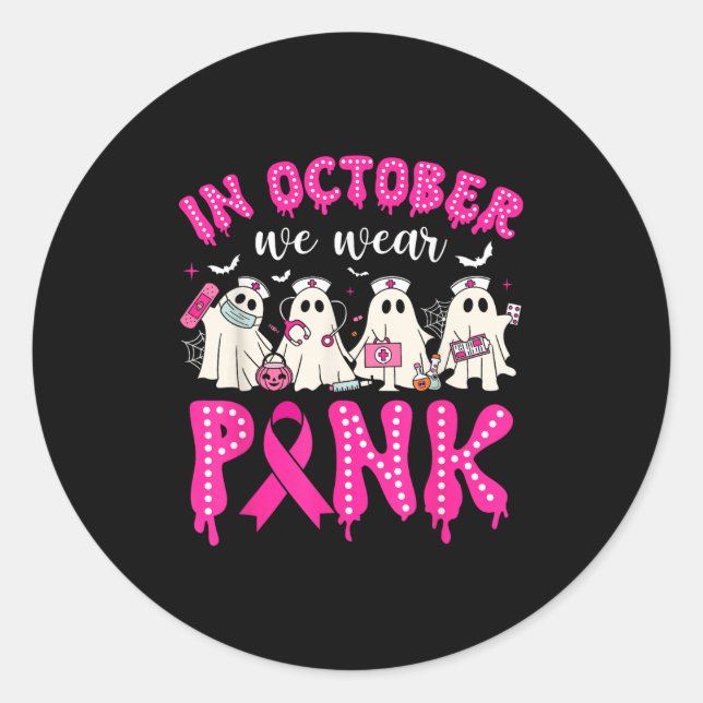 In October We Wear Nk Ribbon Ghost Nurse Halloween Classic Round Sticker (Front)