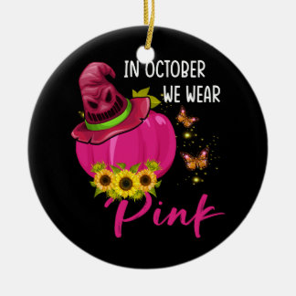 In October We Wear Pink Breast Cancer Pink Pumpkin Ceramic Tree Decoration