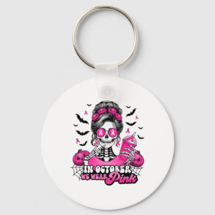 In October We Wear Pink Breast Cancer Skeleton Hal Key Ring