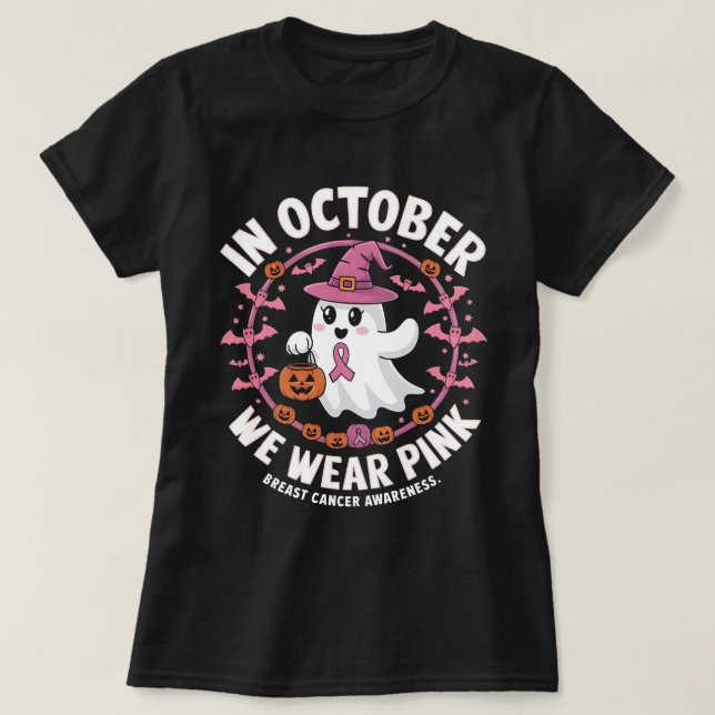 In October We Wear Pink Cancer Awareness Halloween T-Shirt (Design Front)