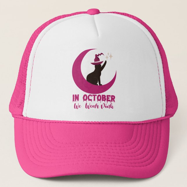 In October We Wear Pink Cat Breast Cancer Awarenes Trucker Hat (Front)