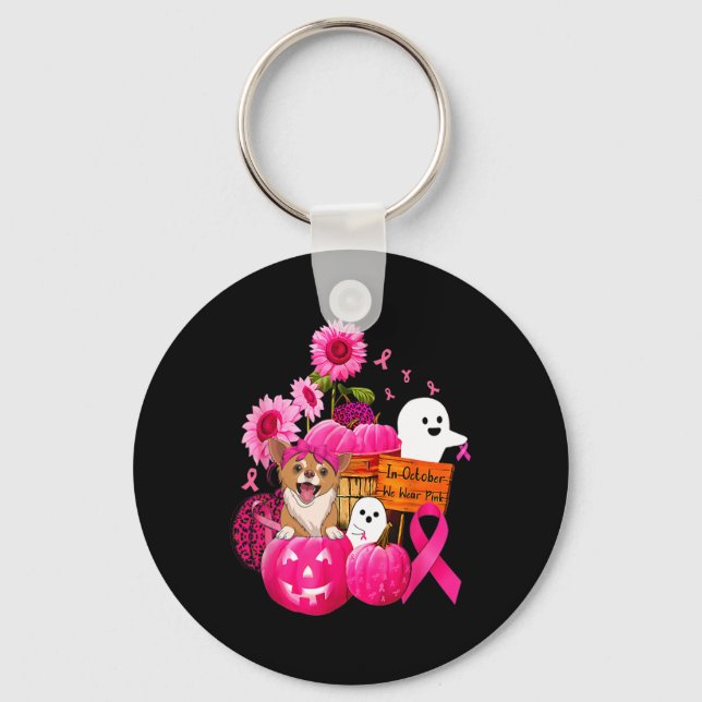 In October We Wear Pink Chihuahua Dog Breast Cance Key Ring (Front)
