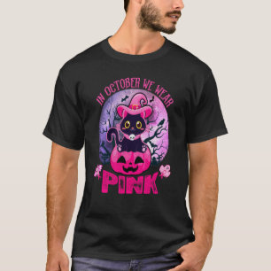 In October We Wear Pink Cute Black Cat Pumpkin Hal T-Shirt