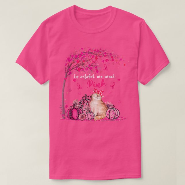In October We Wear Pink Cute Cat Breast Cancer Awa T-Shirt (Design Front)