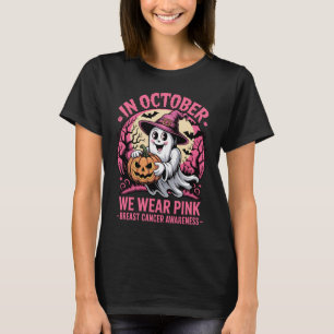 In October We Wear Pink Cute Witch Ghost Halloween T-Shirt
