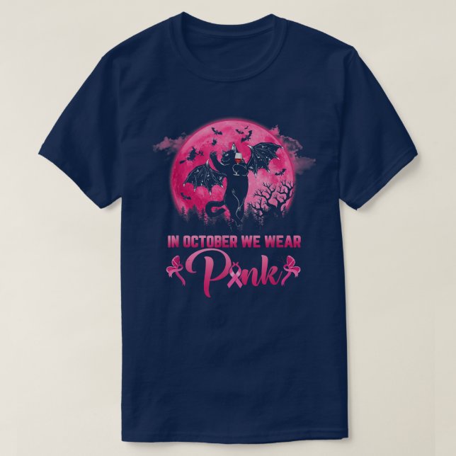 In October We Wear Pink Funny Cat Halloween Breast T-Shirt (Design Front)
