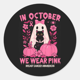 In October We Wear Pink Ghost Black Cat Floral Bre Classic Round Sticker