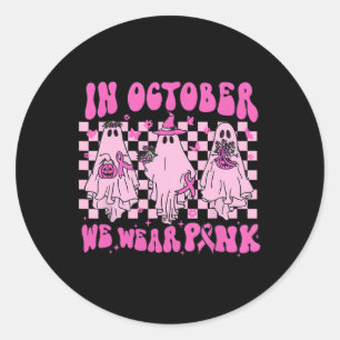 In October We Wear Pink Ghost Groovy Breast Cancer Classic Round Sticker