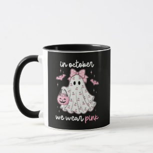 in October We Wear Pink Ghost Halloween Mug