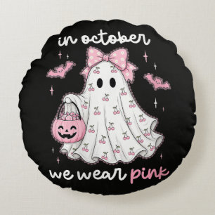 in October We Wear Pink Ghost Halloween Round Cushion