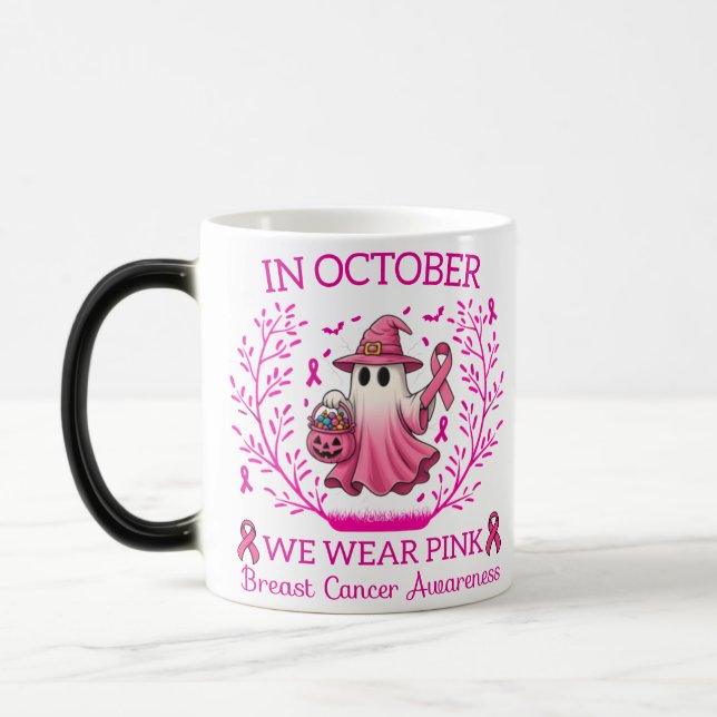 In October We Wear Pink Ghost Witch Breast Cancer  Magic Mug (Left)