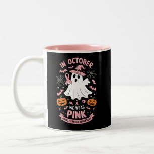 In October We Wear Pink Ghost Witch Breast Cancer Two-Tone Coffee Mug