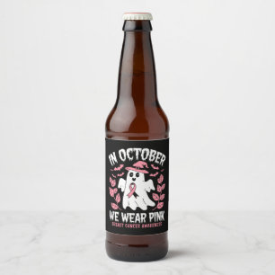In October We Wear Pink Halloween Witch  Beer Bottle Label