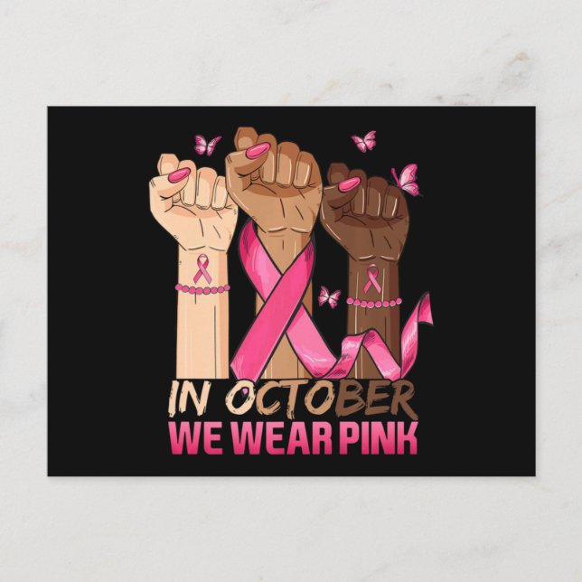 In October We Wear Pink Hand Ribbon Breast Cancer  Postcard (Front)