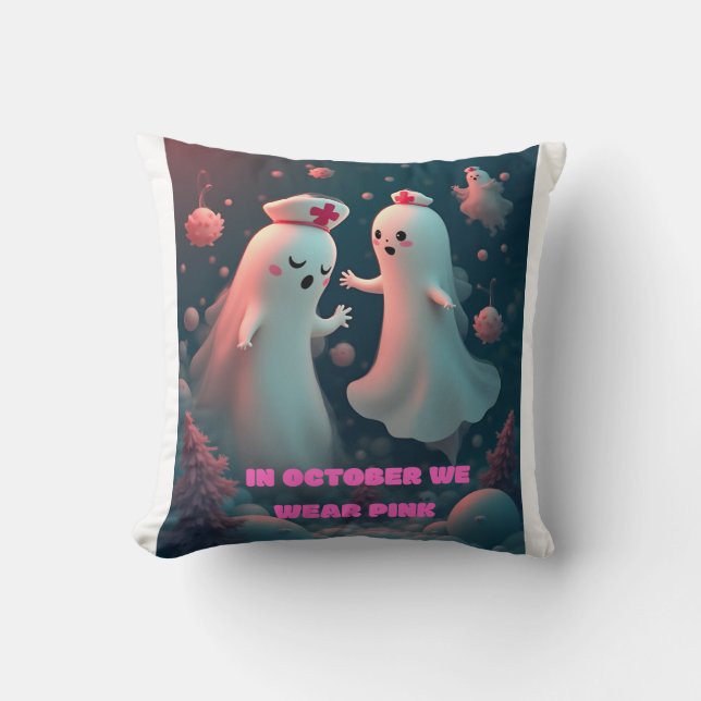 In October We Wear Pink Nurse Ghost Halloween 2025 Cushion (Front)