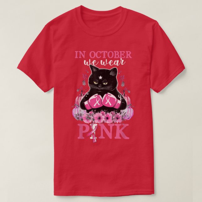 In October We Wear Pink Pumpkin Cat Breast Cancer  T-Shirt (Design Front)