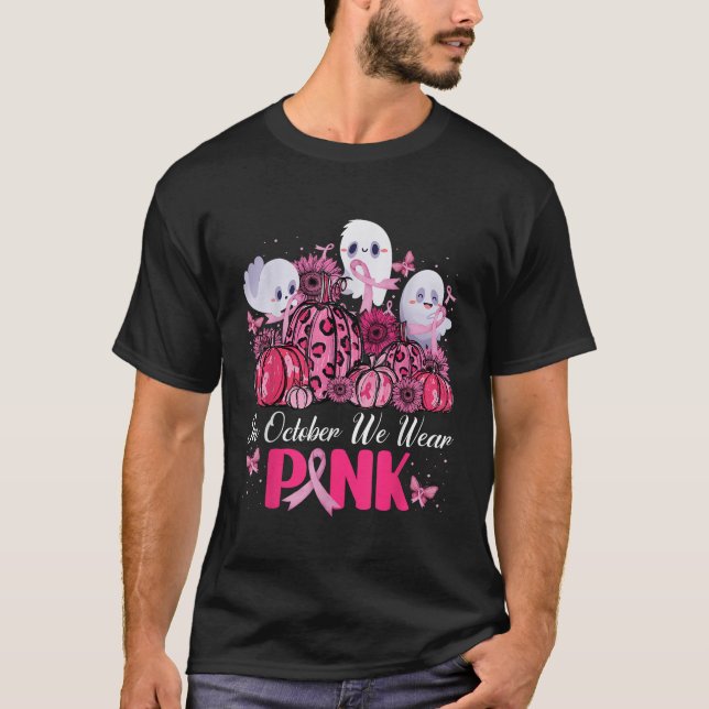 In October We Wear Pink Pumpkin Leopard Ghost Brea T-Shirt (Front)