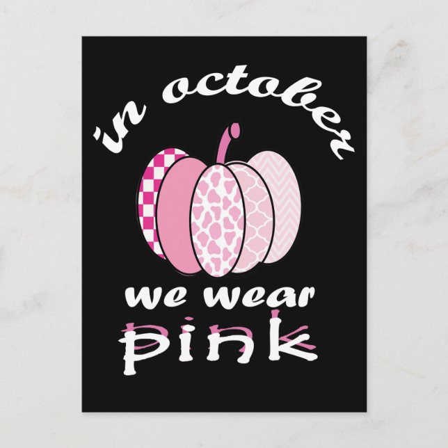 in october we wear pink pumpkin plaid  announcement postcard (Front)
